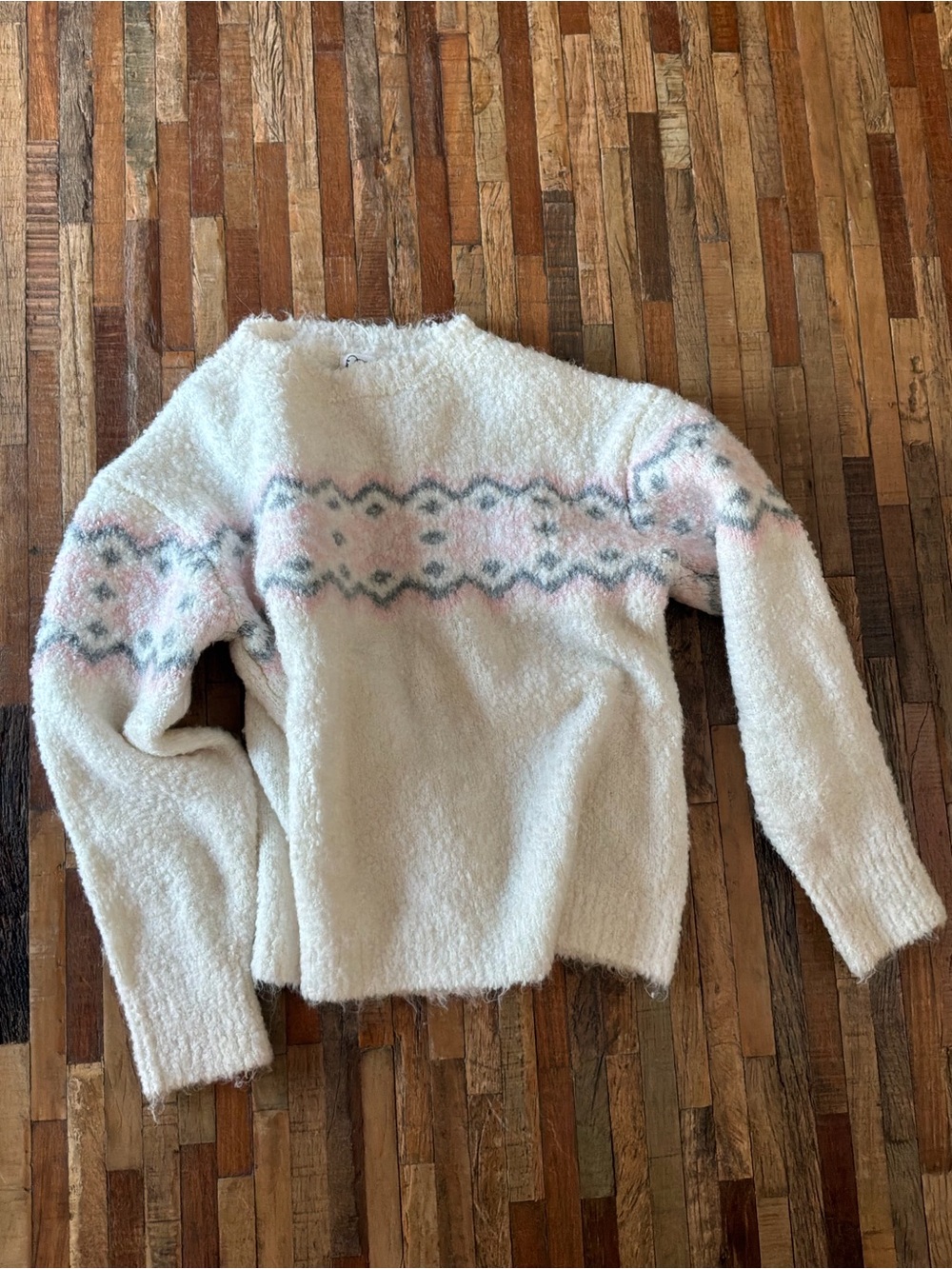 art class Cream Fuzzy Crewneck Sweater with Pink & Gray Fair Isle Yoke